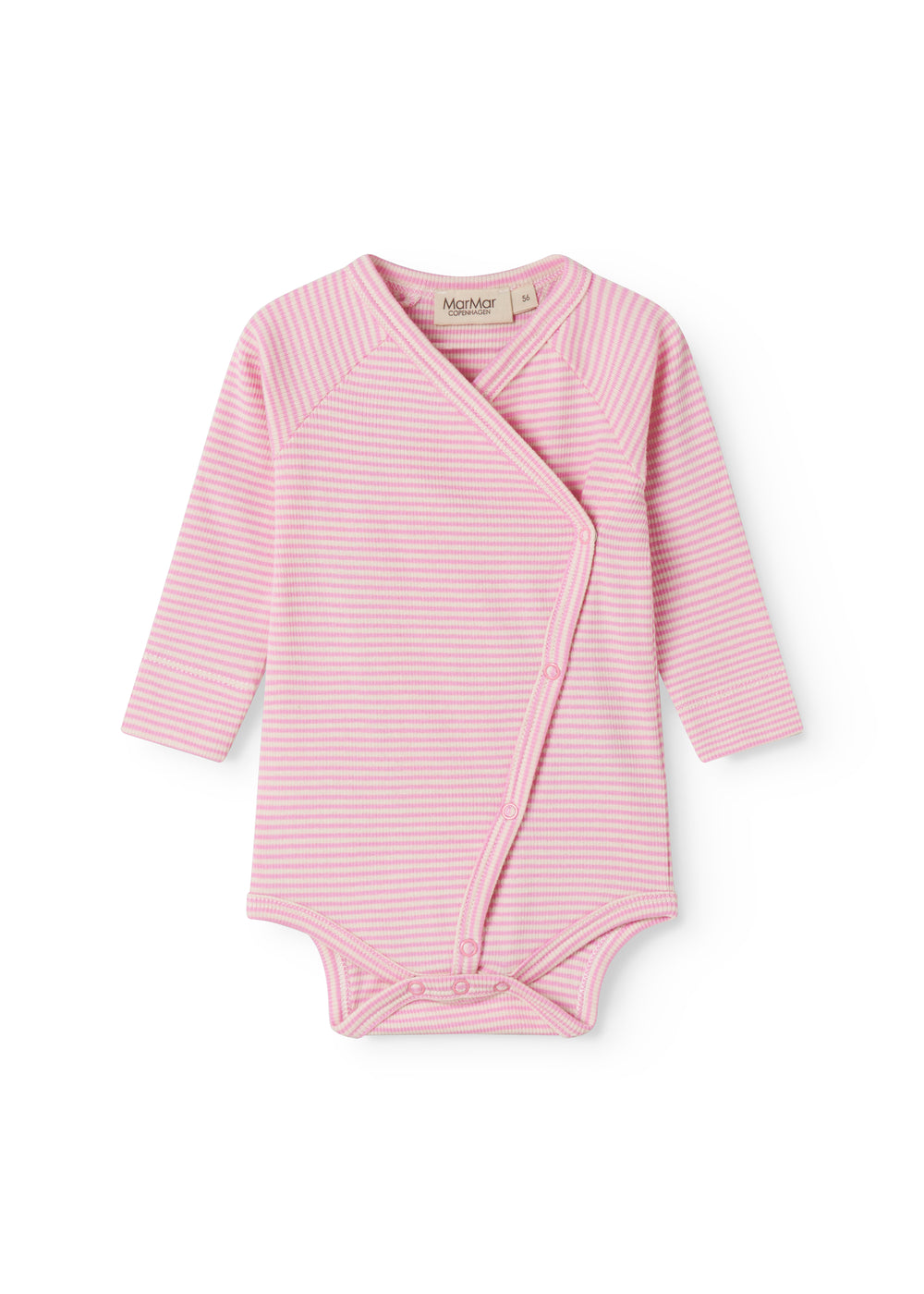 Langærmet baby bodystocking with red stripes and a snap closure