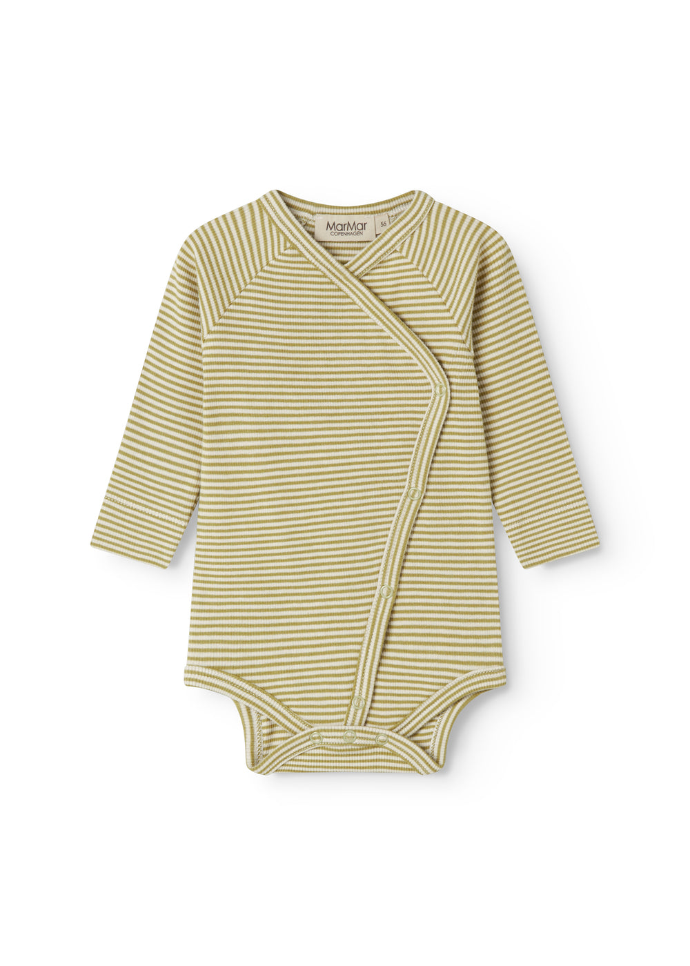 Langärmet baby bodystocking with green stripes and snap closure