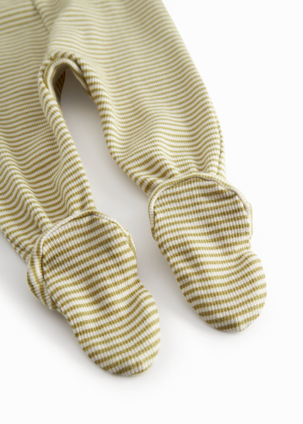 Green-striped pants with feet for a newborn baby