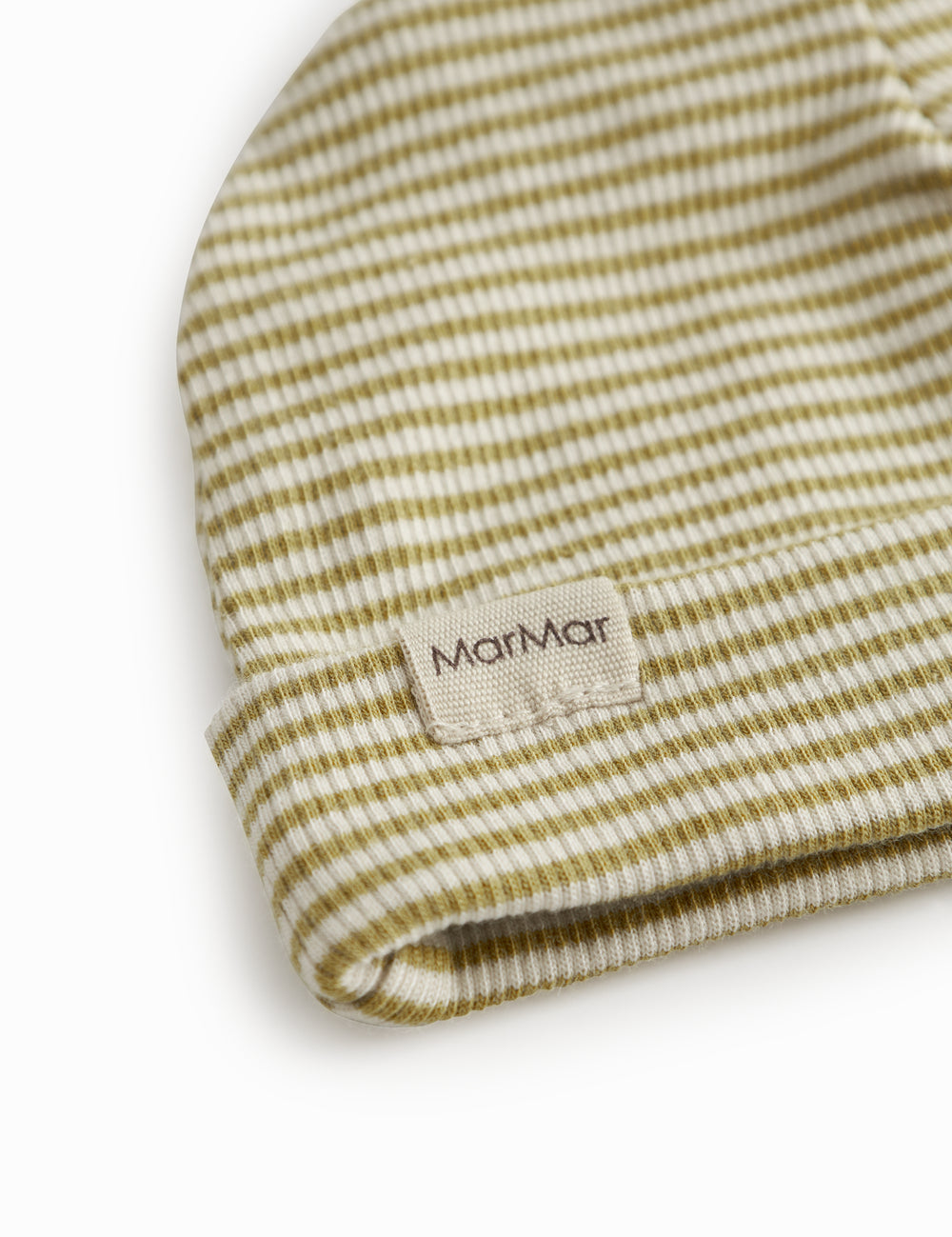Green striped baby hat in rib