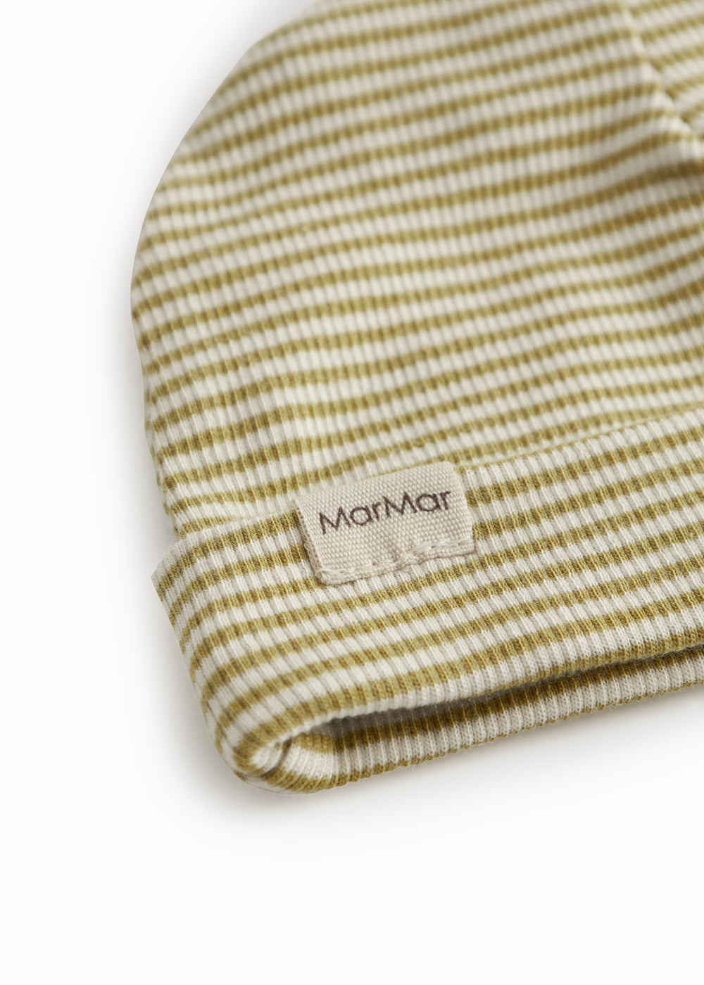 Green striped baby hat in rib