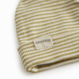 Green striped baby hat in rib