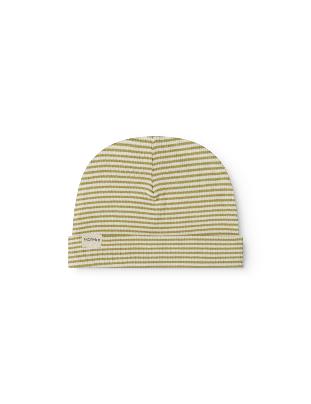 Green striped baby hat in rib