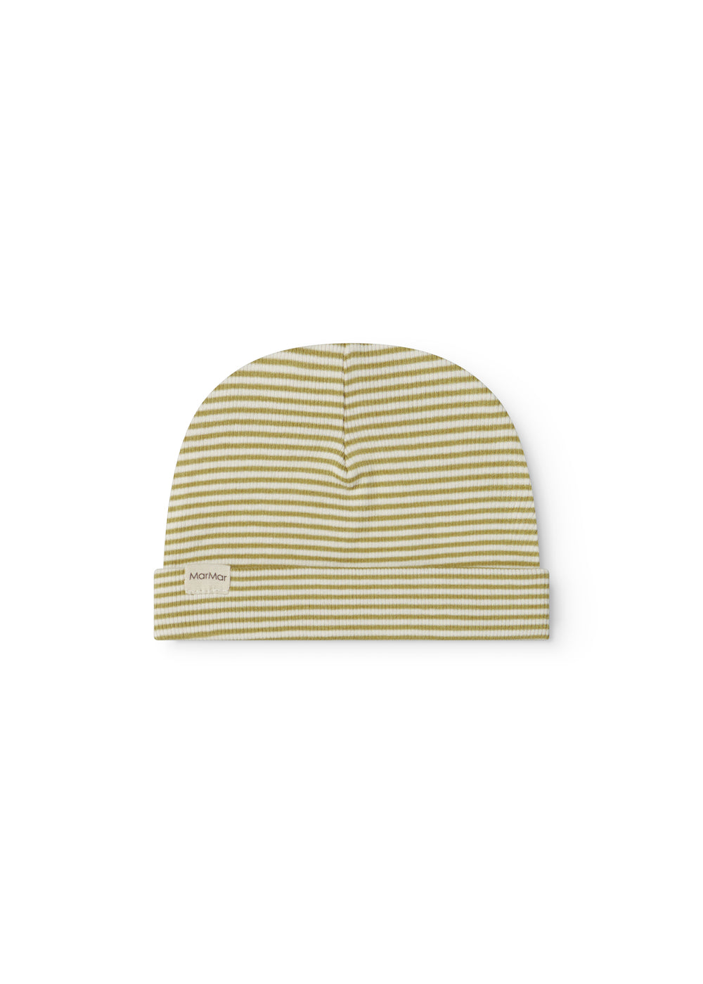 Green striped baby hat in rib