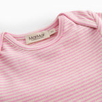 Short-sleeved baby bodystocking with red stripes.