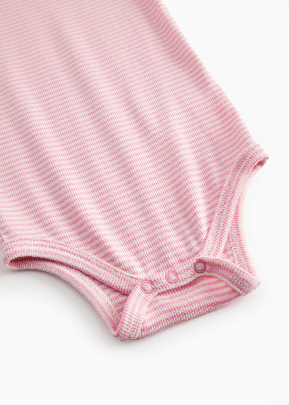 Short-sleeved baby bodystocking with red stripes.