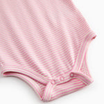 Short-sleeved baby bodystocking with red stripes.