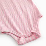 Short-sleeved baby bodystocking with red stripes.