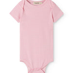 Short-sleeved baby bodystocking with red stripes.