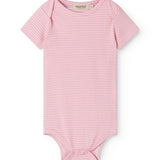 Short-sleeved baby bodystocking with red stripes.