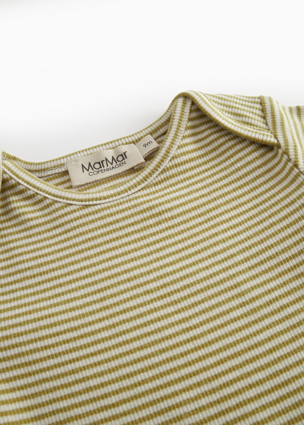 Short-sleeved baby bodystocking with green stripes.