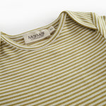 Short-sleeved baby bodystocking with green stripes.