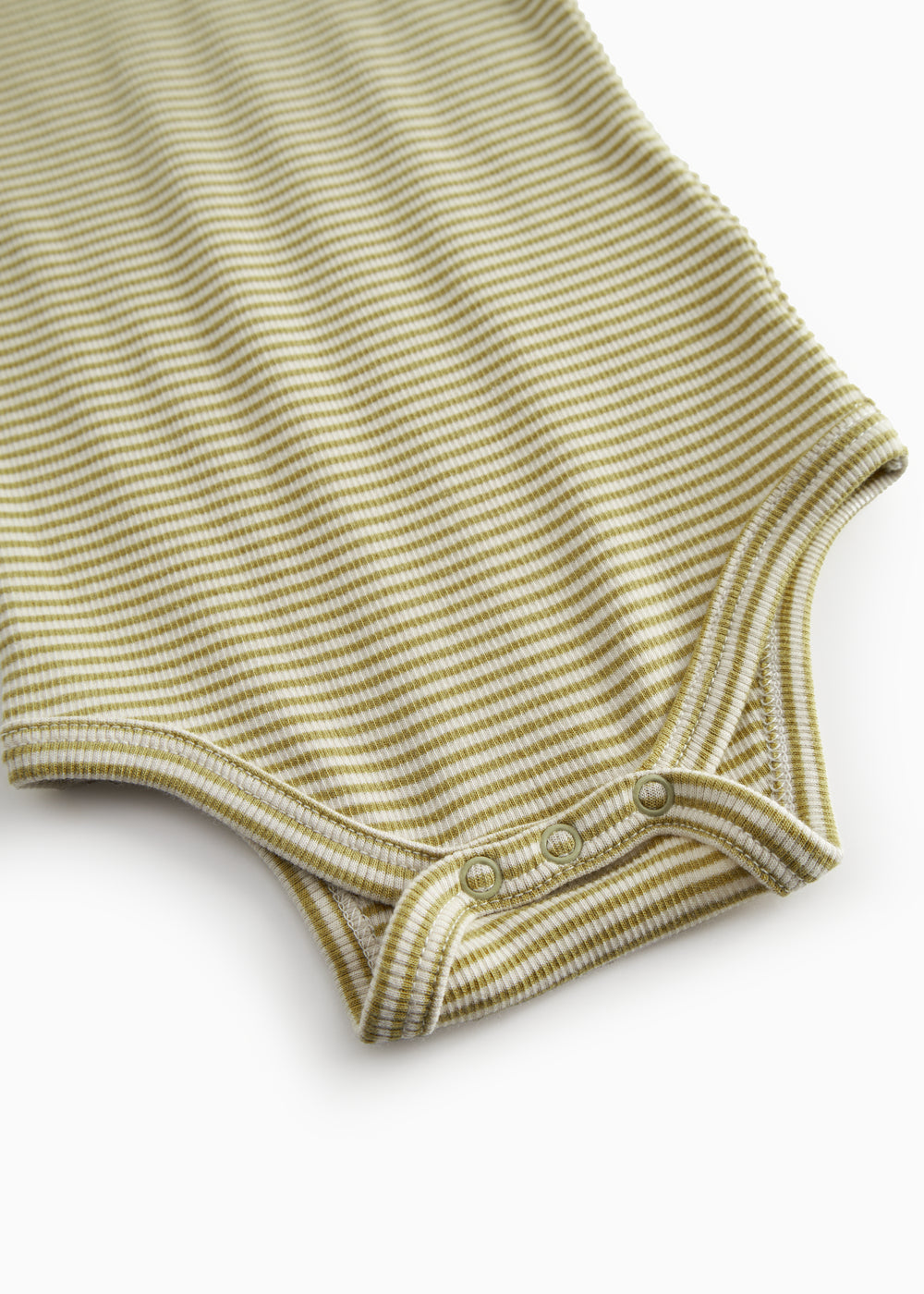 Short-sleeved baby bodystocking with green stripes.