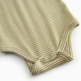 Short-sleeved baby bodystocking with green stripes.