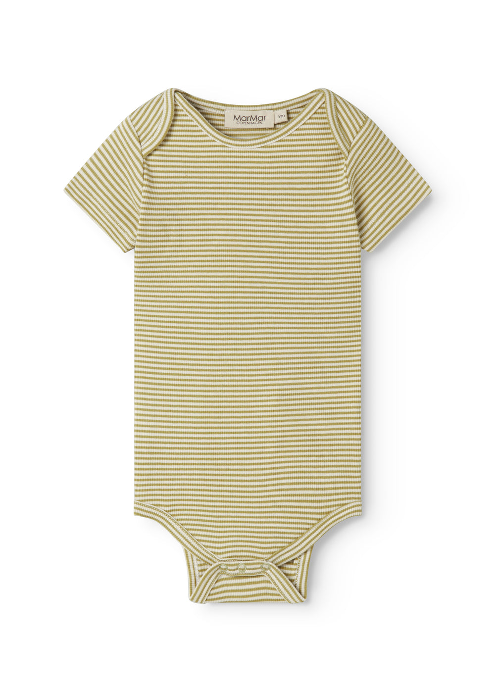 Short-sleeved baby bodystocking with green stripes.