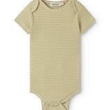 Short-sleeved baby bodystocking with green stripes.