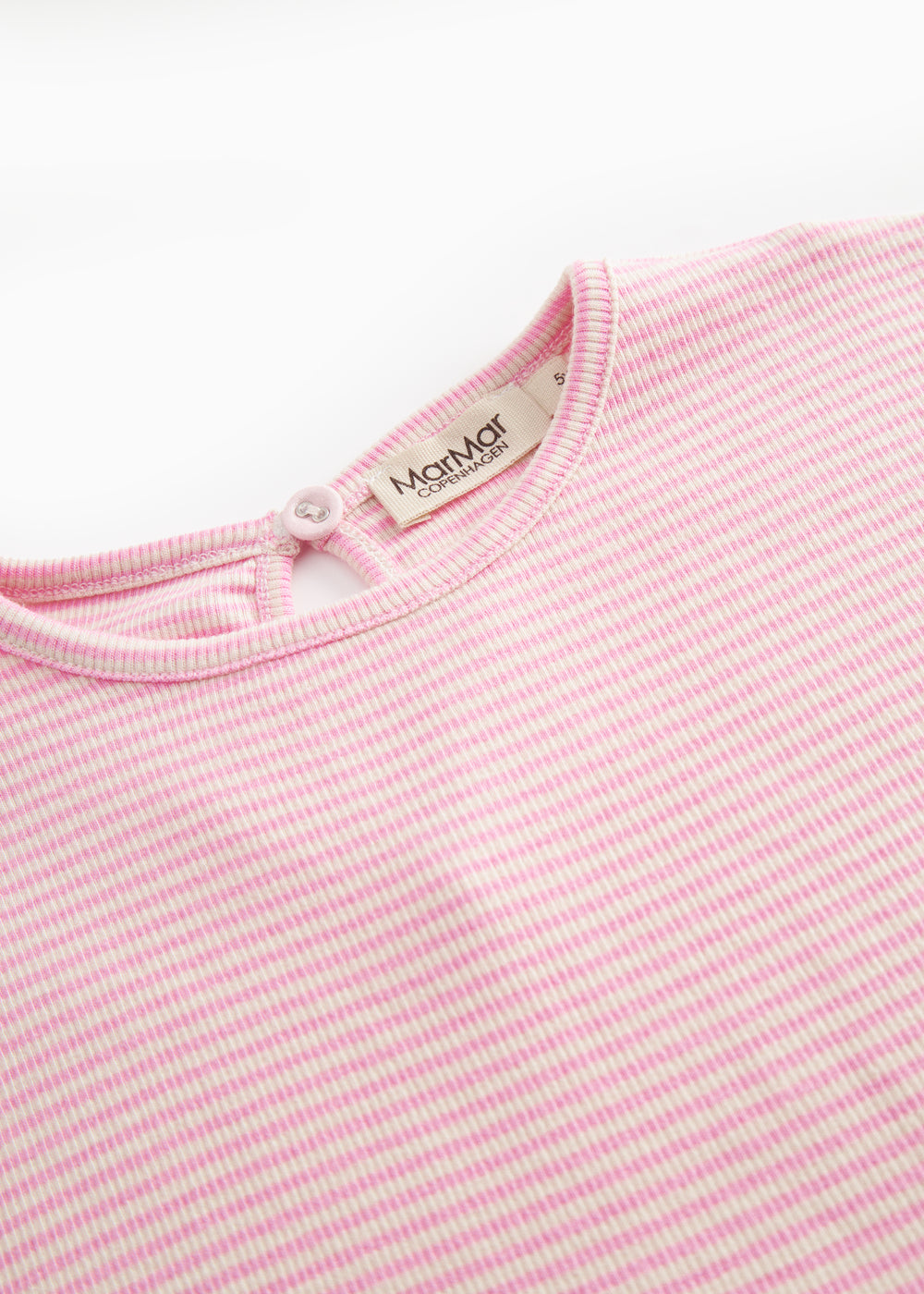 Red striped children's dress with short sleeves.