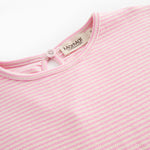 Red striped children's dress with short sleeves.