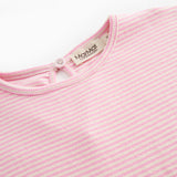 Red striped children's dress with short sleeves.