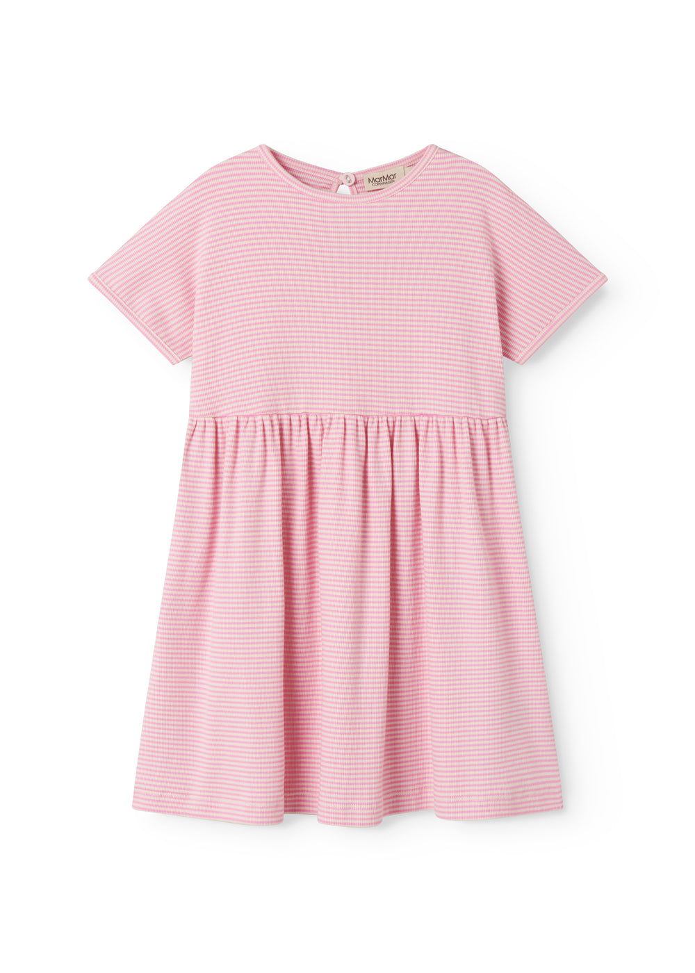 Red striped children's dress with short sleeves.