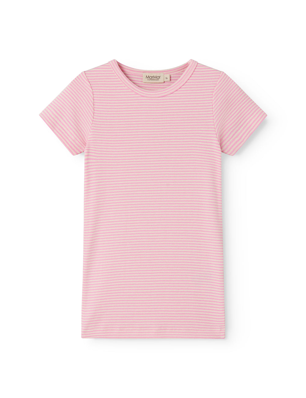 Short-sleeved children's t-shirt with bright red stripes.