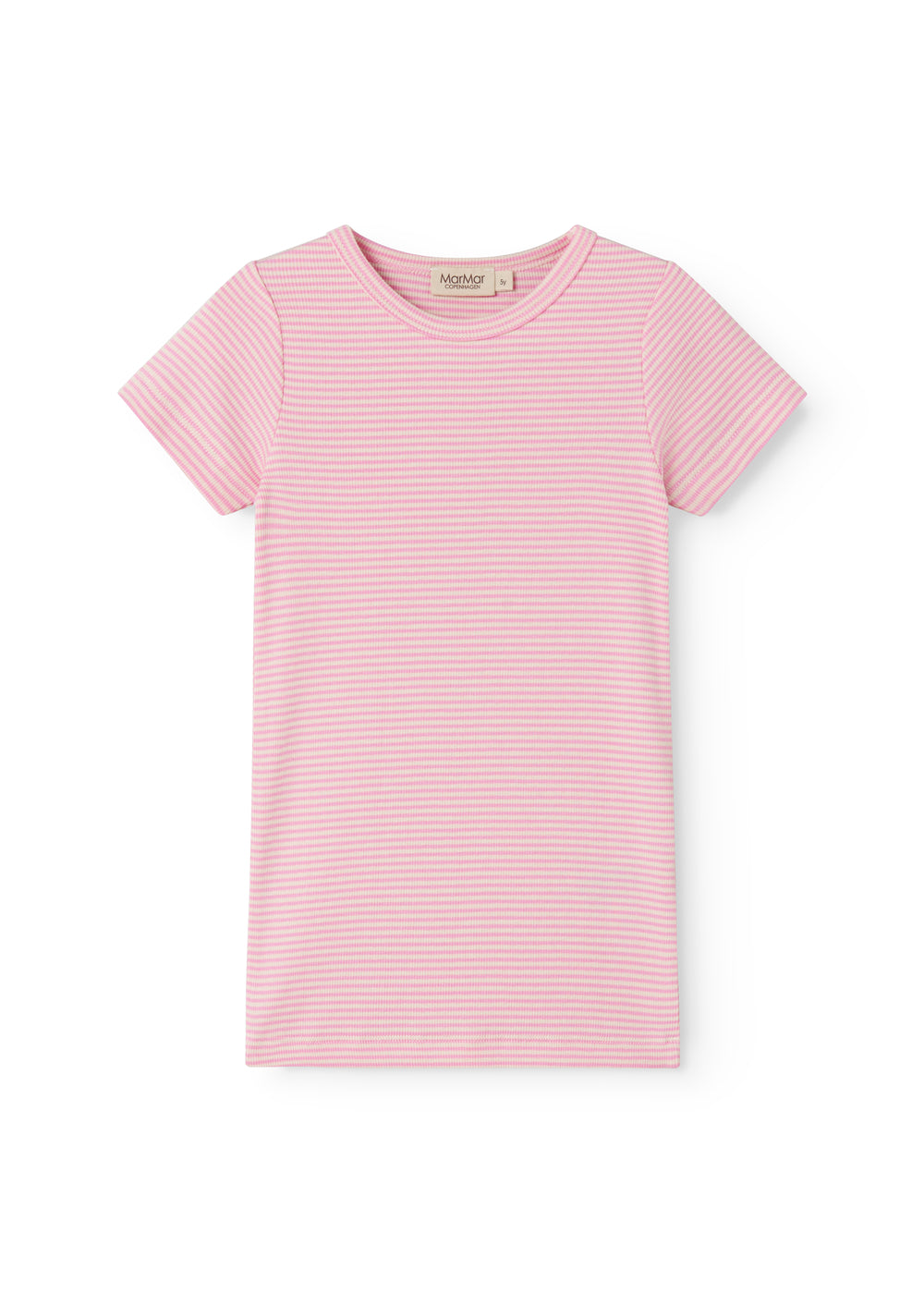 Short-sleeved children's t-shirt with bright red stripes.