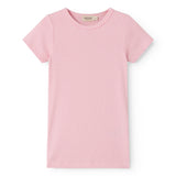 Short-sleeved children's t-shirt with bright red stripes.