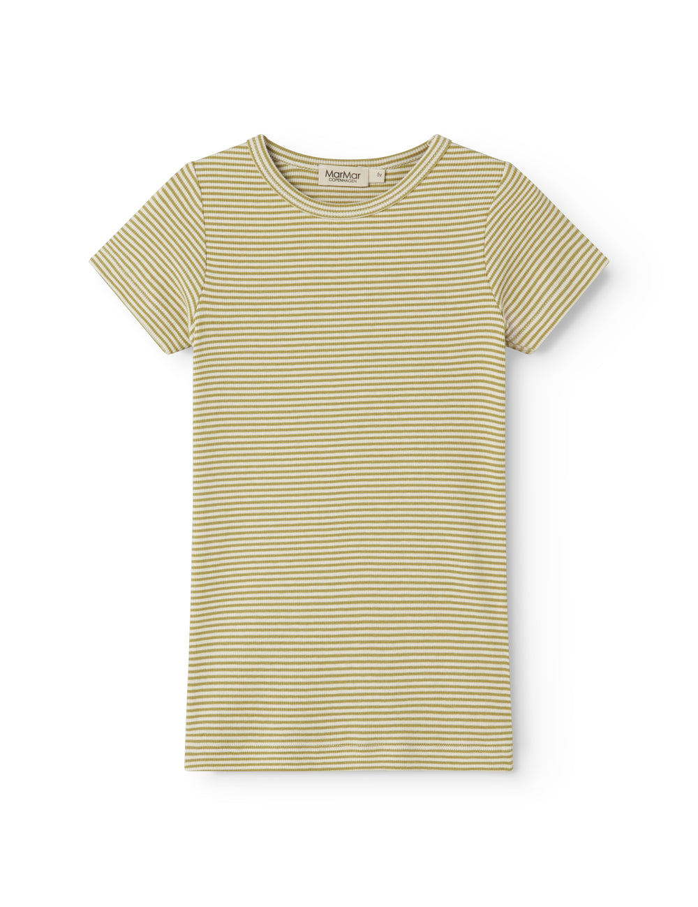 Short-sleeved children's t-shirt with green stripes.