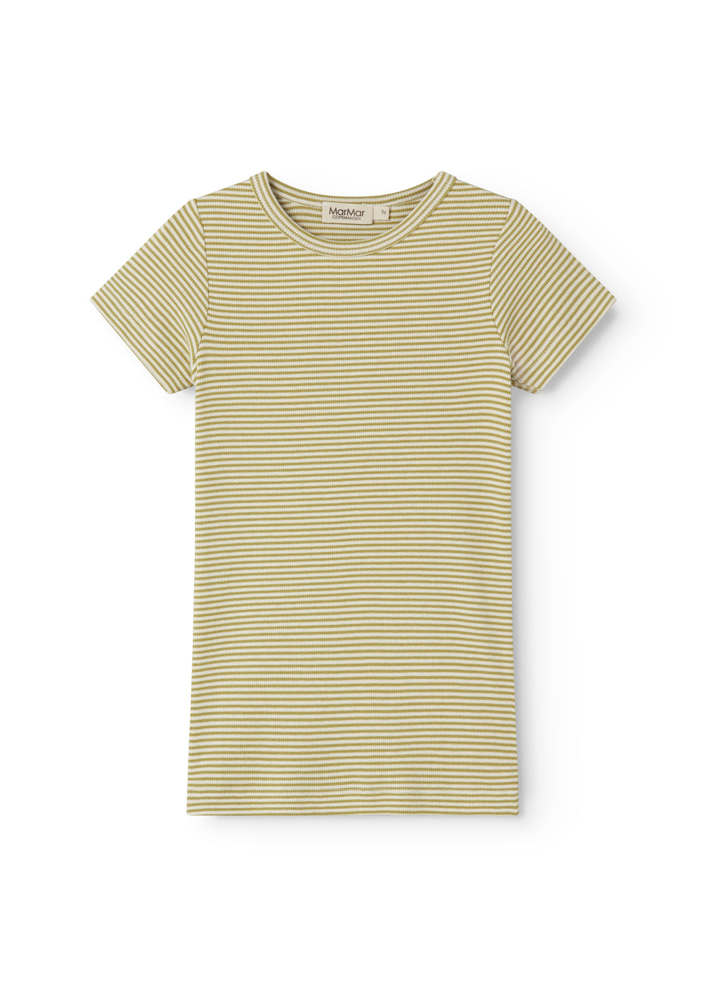 Short-sleeved children's t-shirt with green stripes.