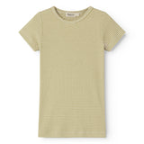 Short-sleeved children's t-shirt with green stripes.