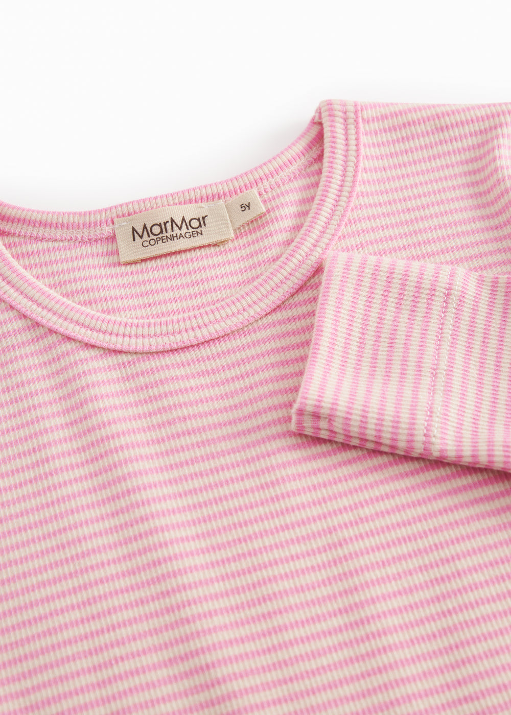 Lyserød stribet børnekjole med lange ærmer og skørt