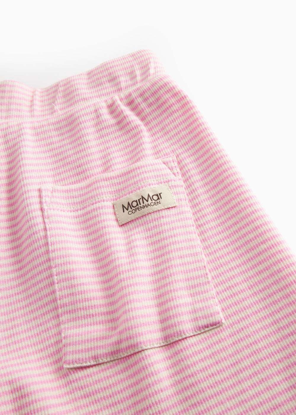 Children's shorts with red stripes, wide elastic, and suspenders.