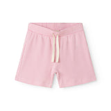 Children's shorts with red stripes, wide elastic, and suspenders.