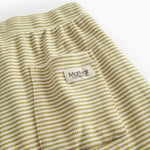 Children's shorts with green stripes, wide elastic, and drawstrings.