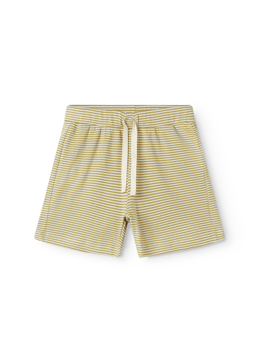 Children's shorts with green stripes, wide elastic, and drawstrings.
