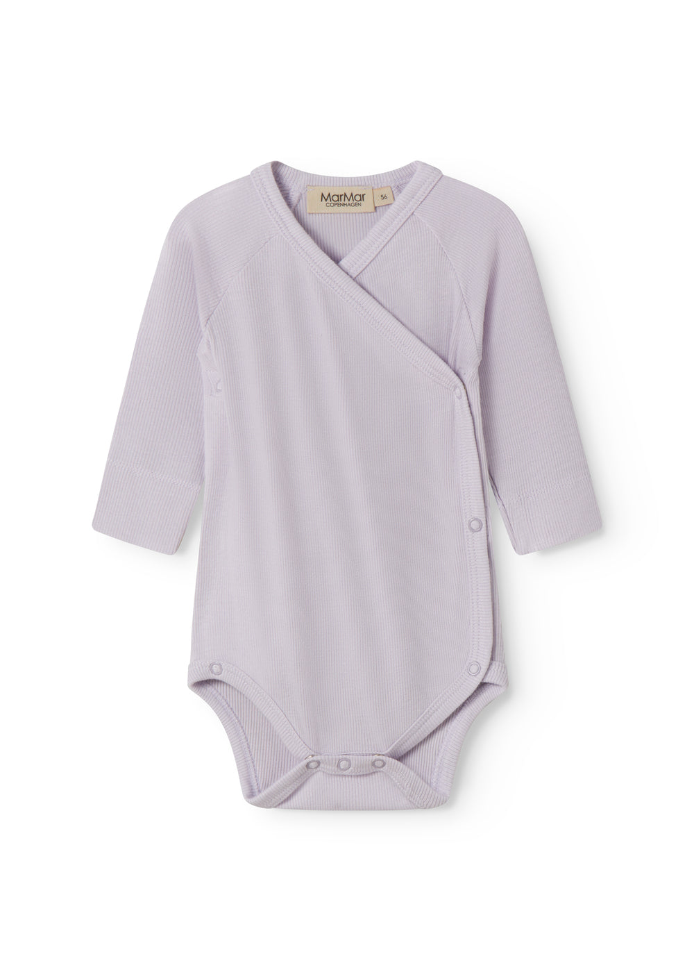 Lightly lined light purple bodystocking for newborns with snap closure.