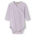 Lightly lined light purple bodystocking for newborns with snap closure.