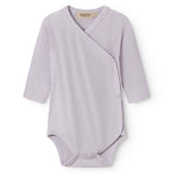 Lightly lined light purple bodystocking for newborns with snap closure.