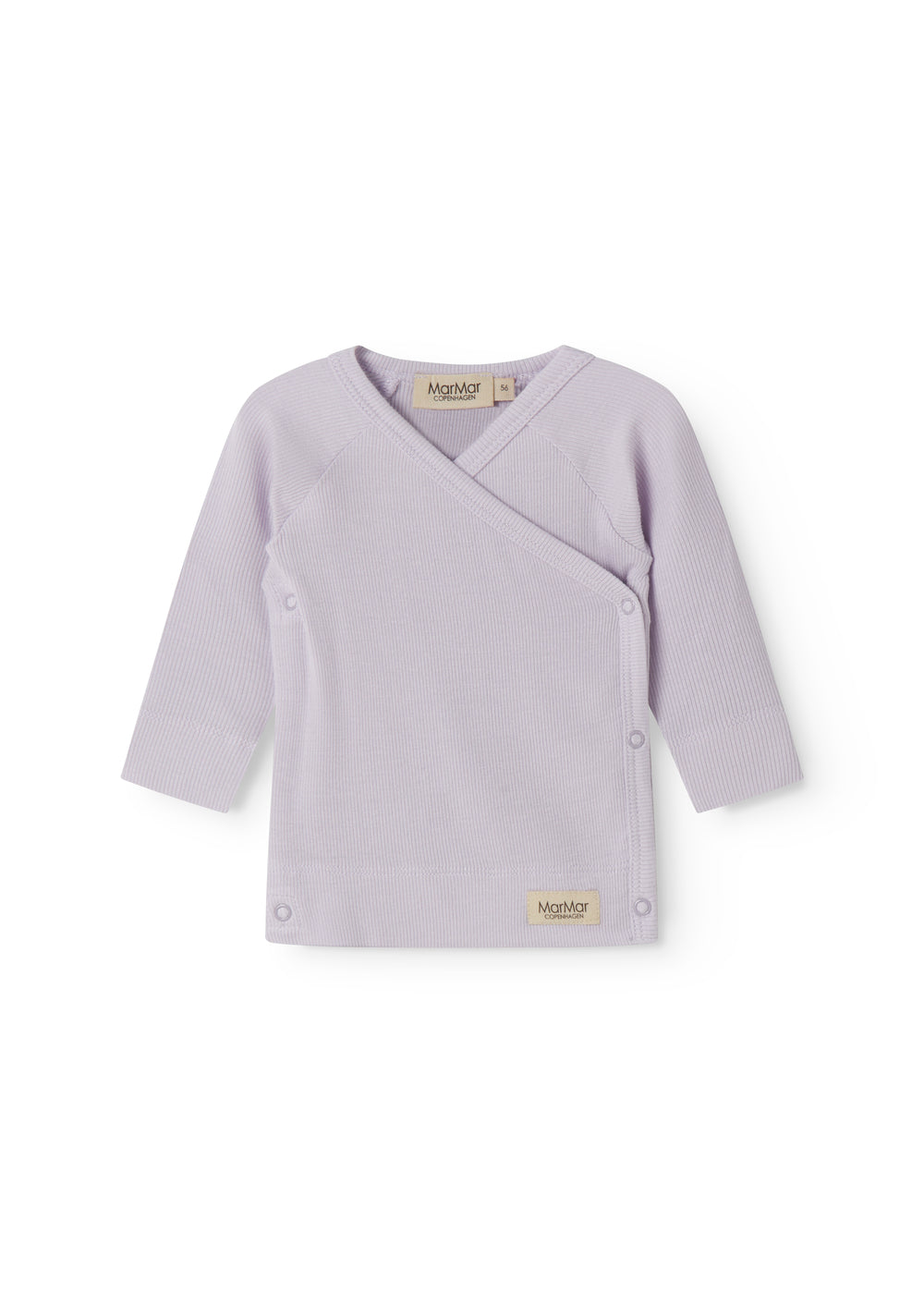 Lightly lined light purple shirt for newborns with a snap closure.