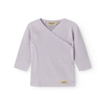 Lightly lined light purple shirt for newborns with a snap closure.