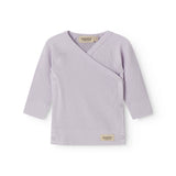 Lightly lined light purple shirt for newborns with a snap closure.