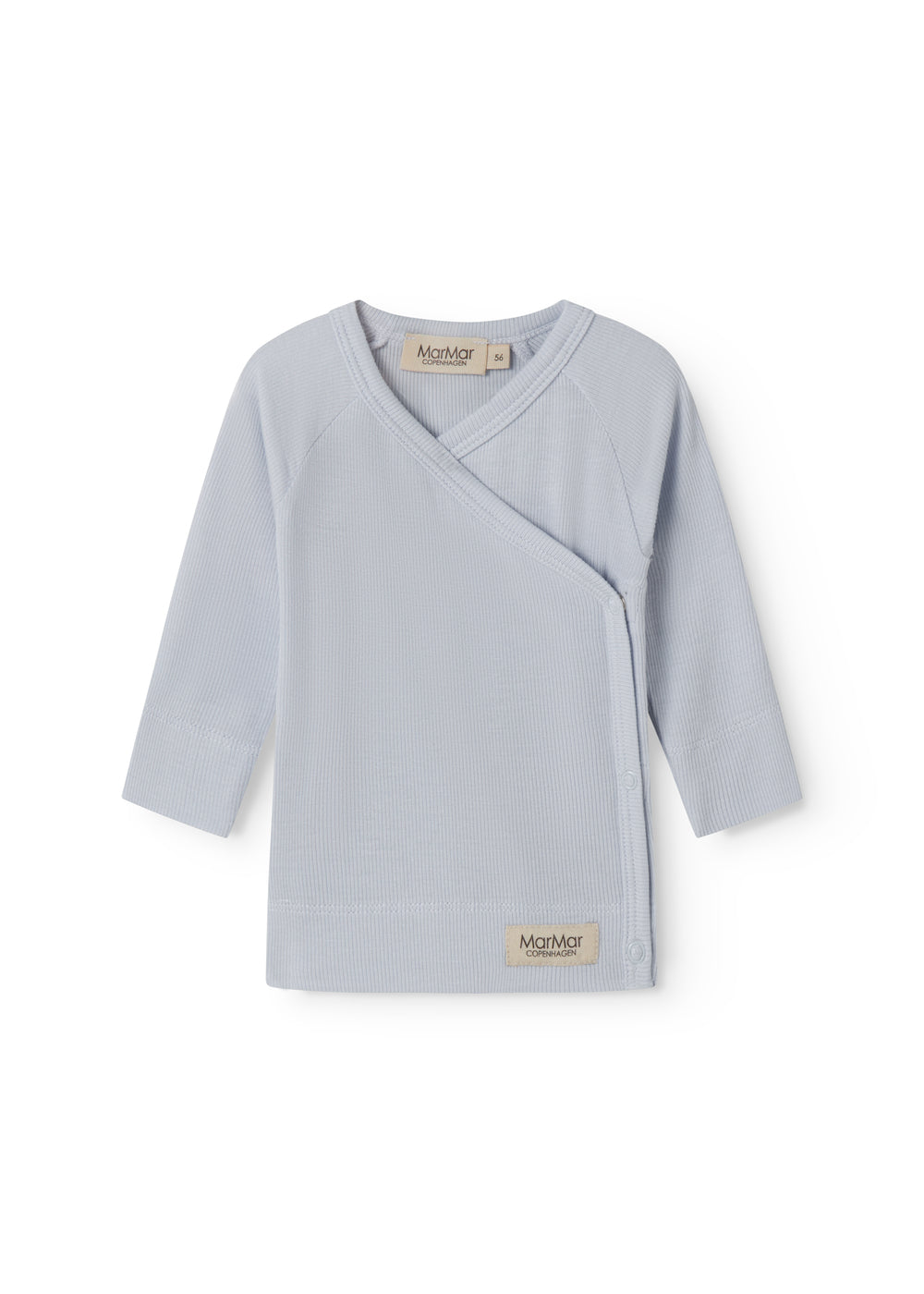 Light blue long-sleeved shirt for newborns with a wrap-around closure
