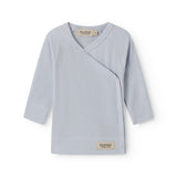Light blue long-sleeved shirt for newborns with a wrap-around closure