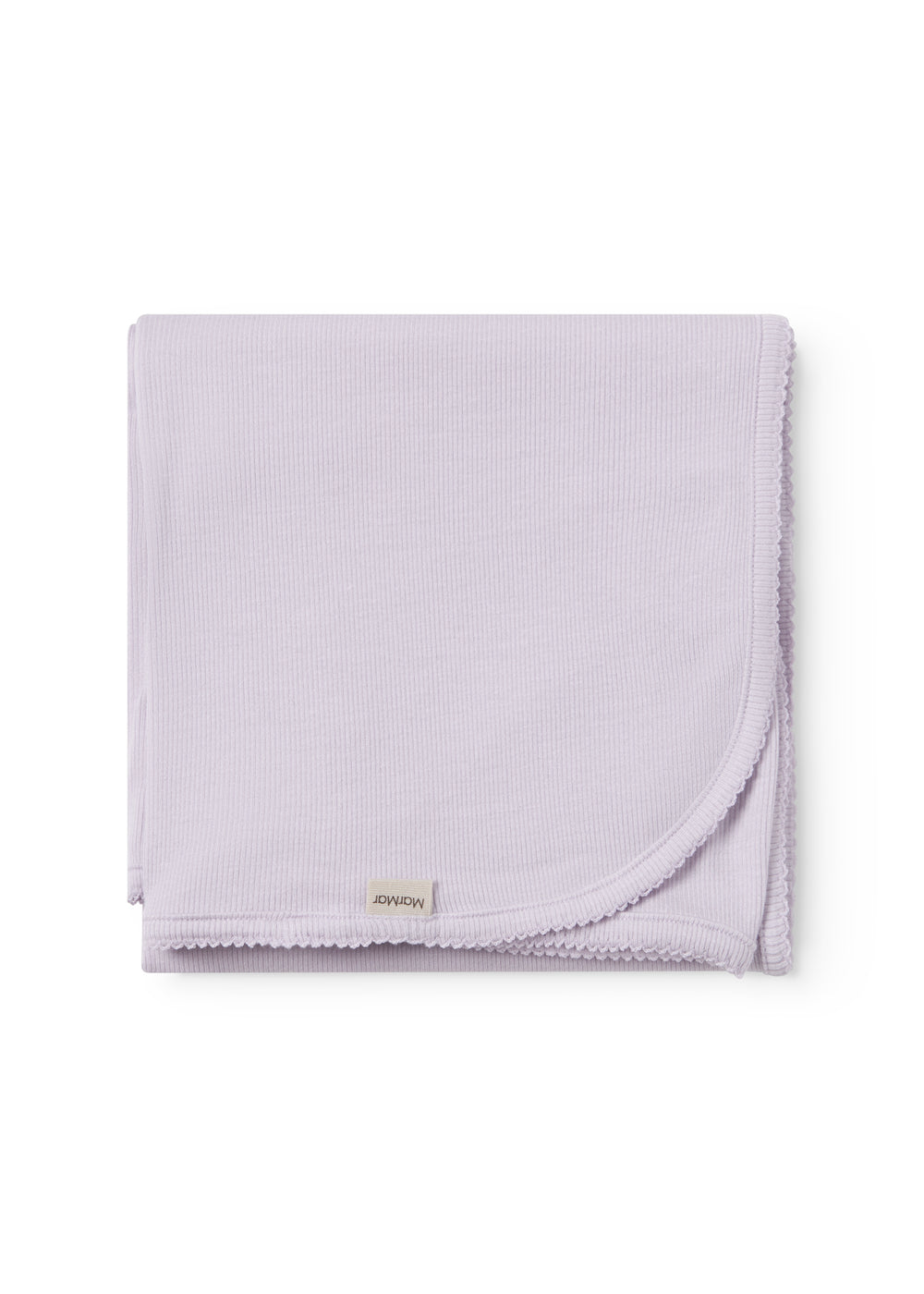 Light pink baby blanket with rounded corners and picot edges.