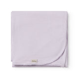 Light pink baby blanket with rounded corners and picot edges.