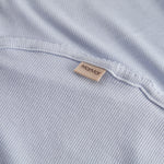 Light blue baby blanket with rounded corners and picot edges