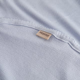 Light blue baby blanket with rounded corners and picot edges