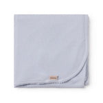 Light blue baby blanket with rounded corners and picot edges