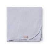 Light blue baby blanket with rounded corners and picot edges