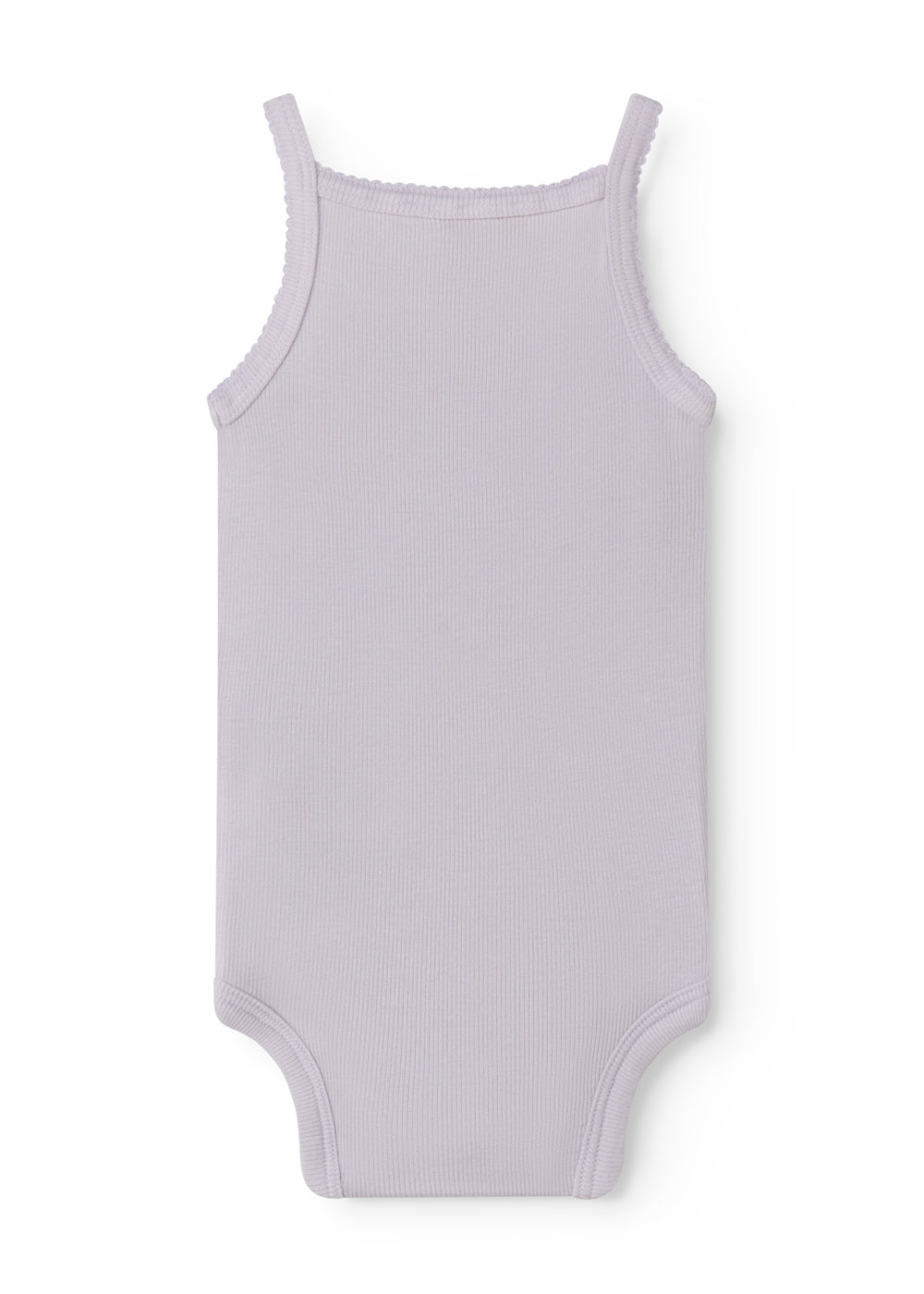 Lys lilla baby bodystocking med stropper og picotkanter.